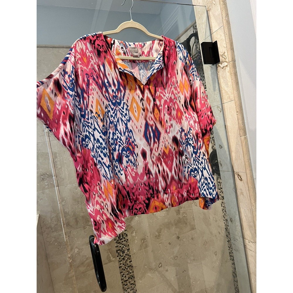 Chico's Pink Ikat Paisley Kimono Blouse Satin Dolman Top Size 2 XL